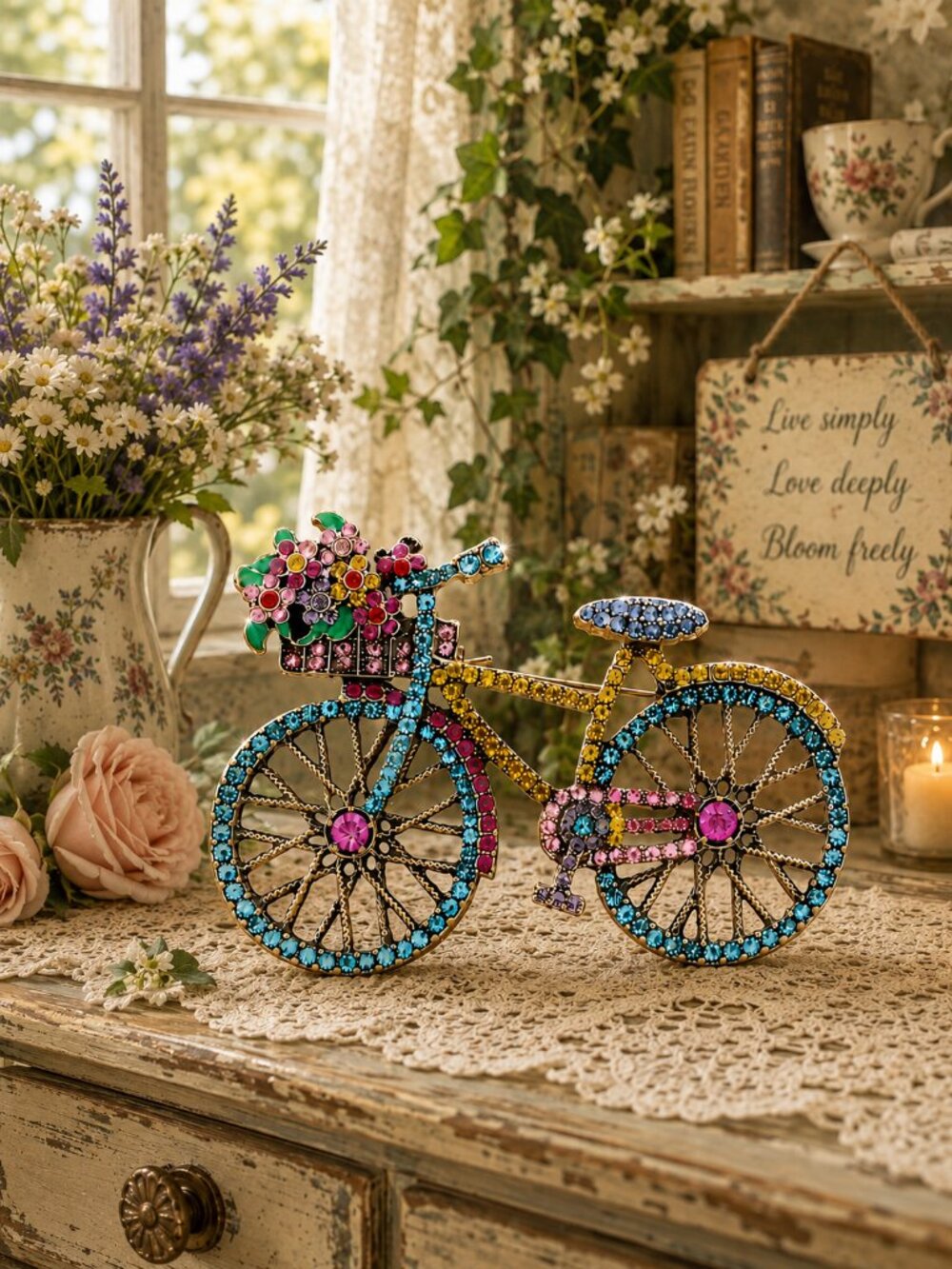 Vintage Whimsical Crystal Rhinestone Bicycle Floral Basket Brooch Pin